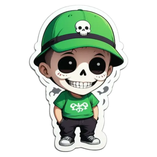 A boy in a hat and green shirt that has a skull and crossbones on the front.