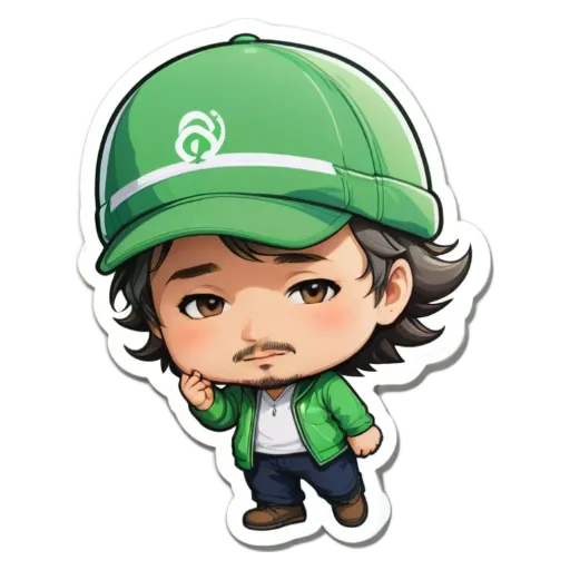 A boy is wearing a green hat and jean jacket.