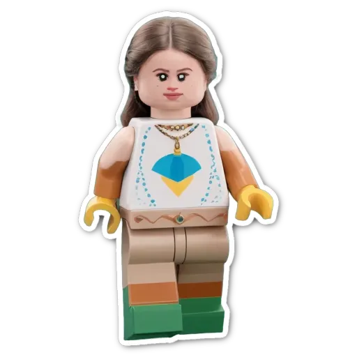 A lego girl with a white shirt and brown pants.