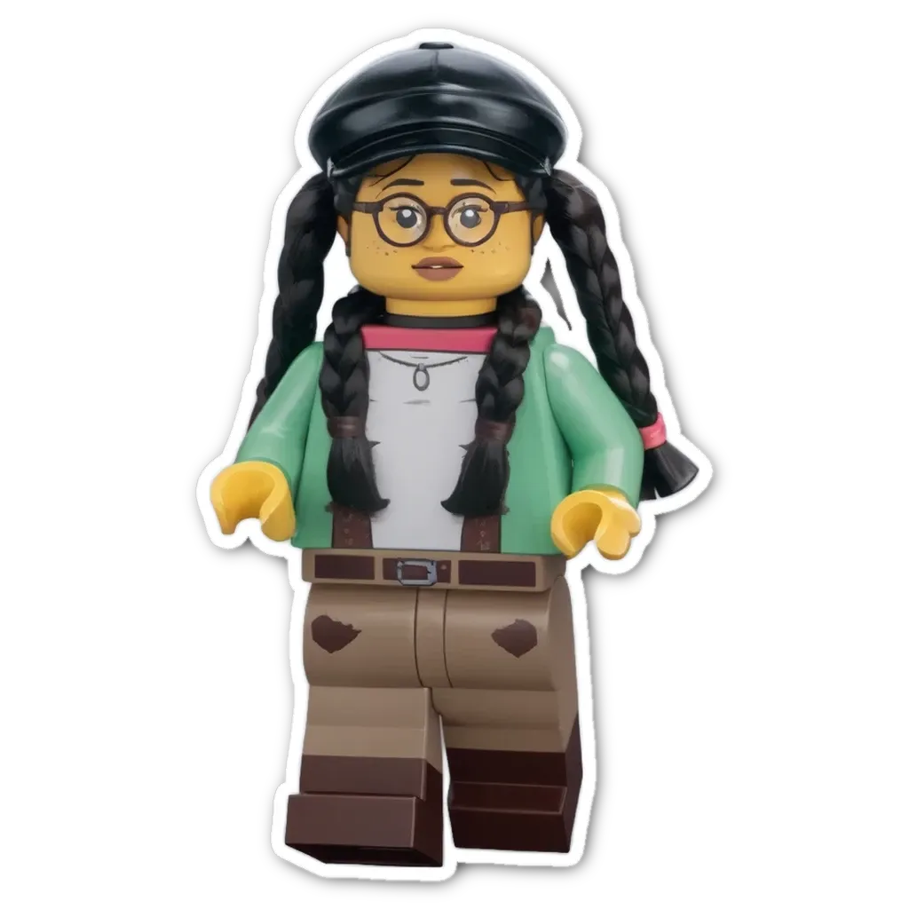 A sticker of a lego girl in glasses and hat.