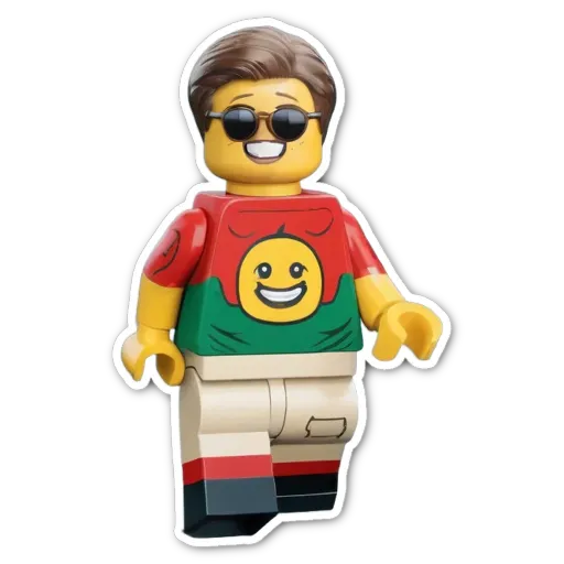 A lego person with a red shirt and yellow smiley face.