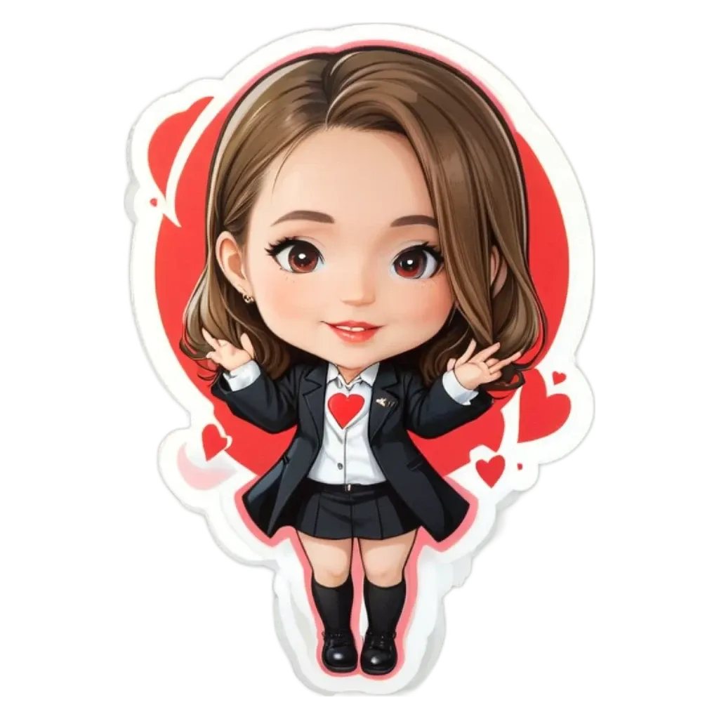 A girl wearing a suit and a heart on her dress with her hand in the air.