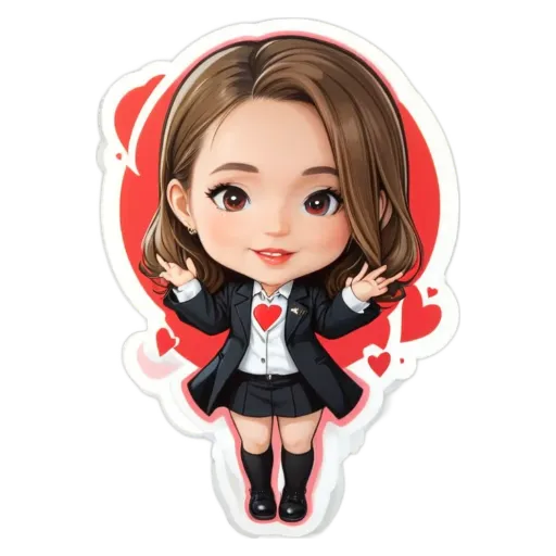 A girl wearing a suit and a heart on her dress with her hand in the air.