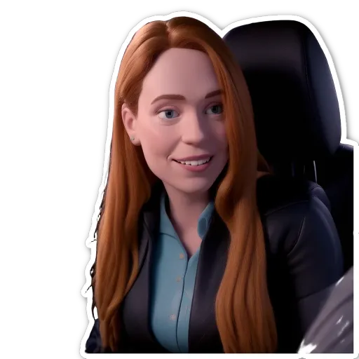 A redheaded woman wearing a black jacket is smiling.