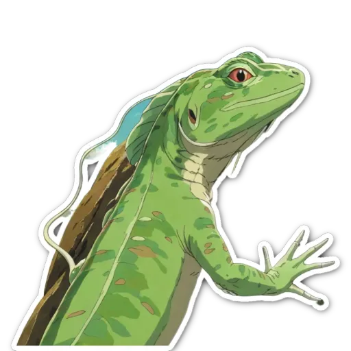 A green and brown sticker of a lizard.