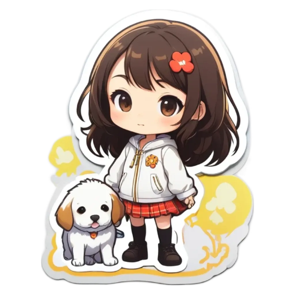 A girl standing with her dog in front of a white background.