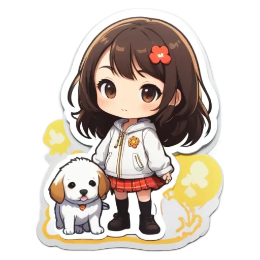 A girl standing with her dog in front of a white background.