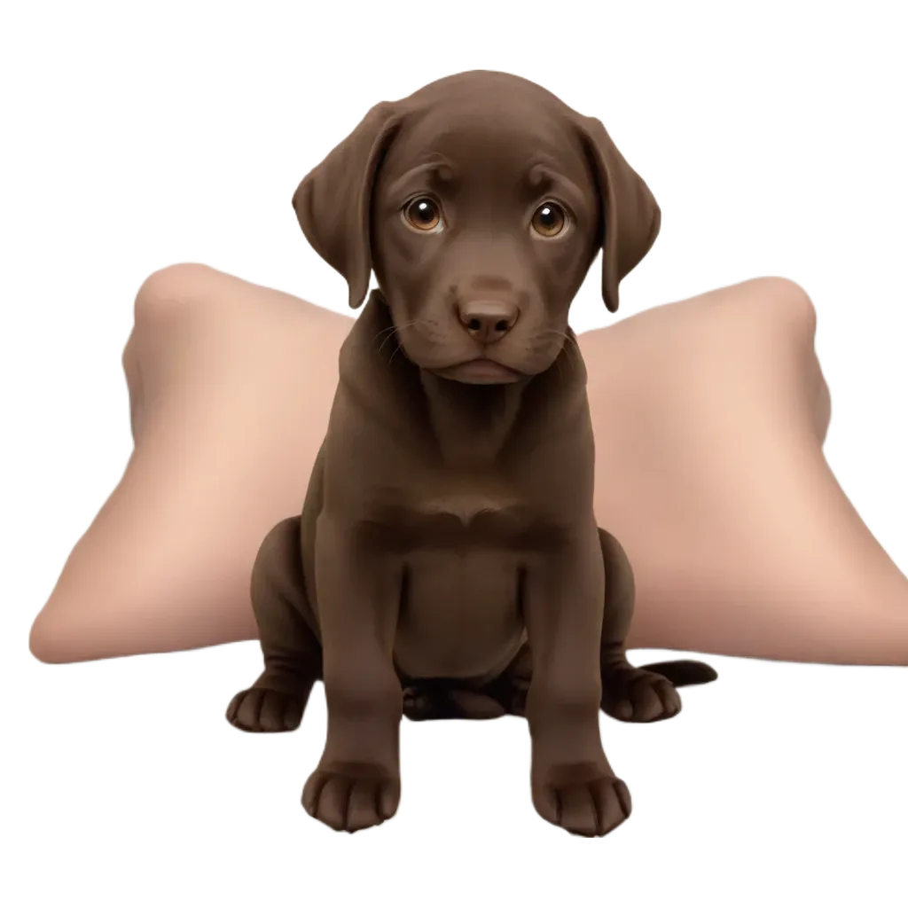 A puppy sitting on a pillow on a black background.