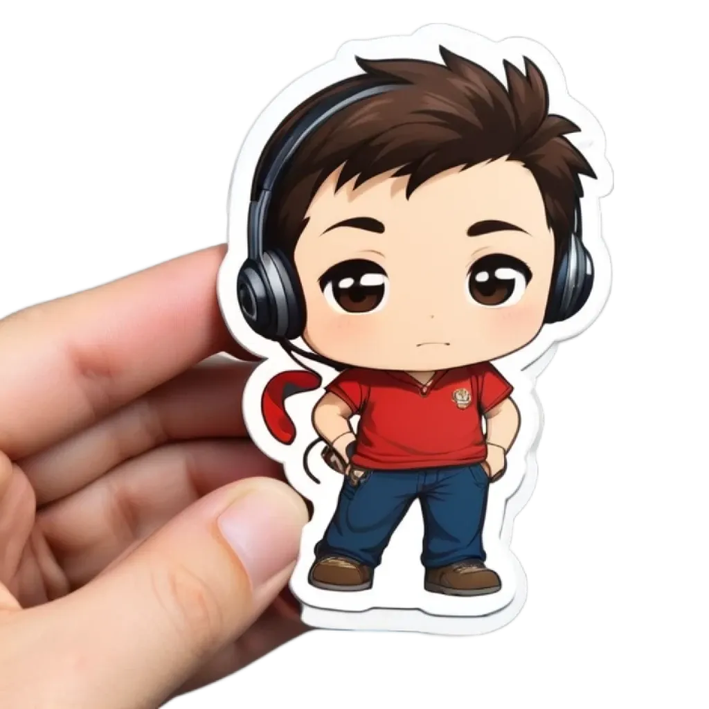 A hand holding a small cartoon boy who is wearing headphones.