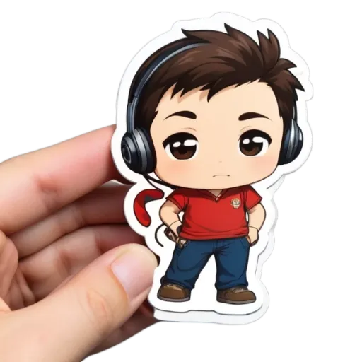 A hand holding a small cartoon boy who is wearing headphones.