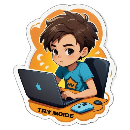 a boy trying to use a computer with a sticker that says 'try modee' on it.