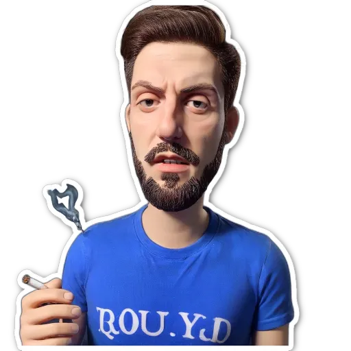 A drawing of a man with a blue shirt that says ROUYD.