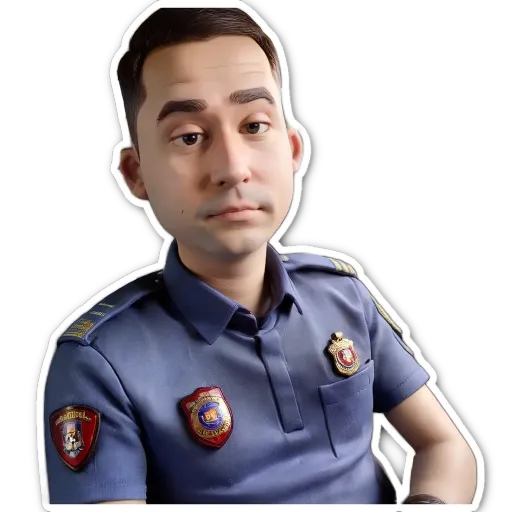 A sticker of a man that looks like a police officer.