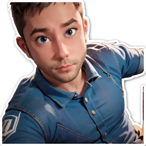A sticker of a man with blue eyes and a blue shirt.