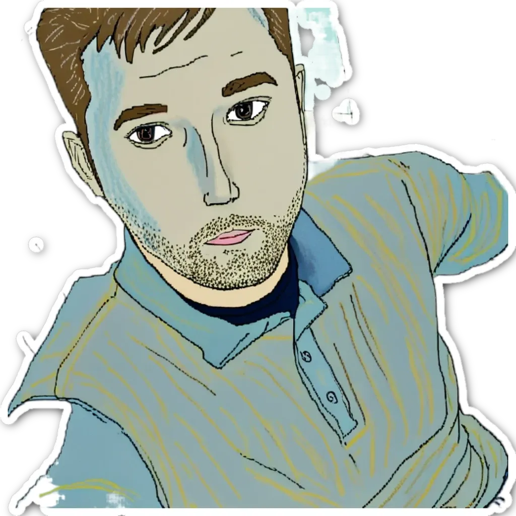 A sticker of a man with a beard and blue shirt.