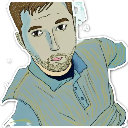 A sticker of a man with a beard and blue shirt.