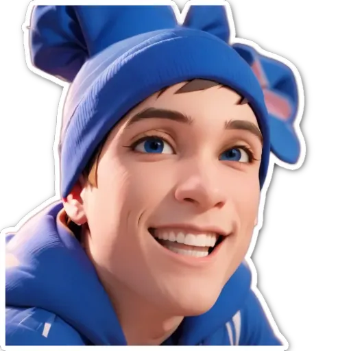 A boy wearing a blue hat and smiling.