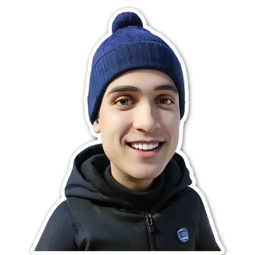 A sticker of a man wearing a blue hat.