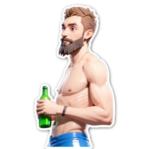 A man with a beer bottle in his hand is wearing no shirt.