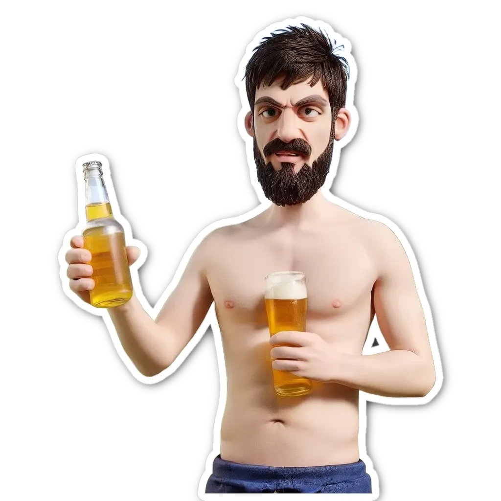 A man with two beers is wearing no shirt and has a beard.