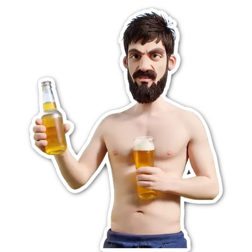 A man with two beers is wearing no shirt and has a beard.
