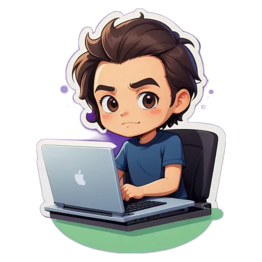 A boy using an apple laptop is sitting at a table.