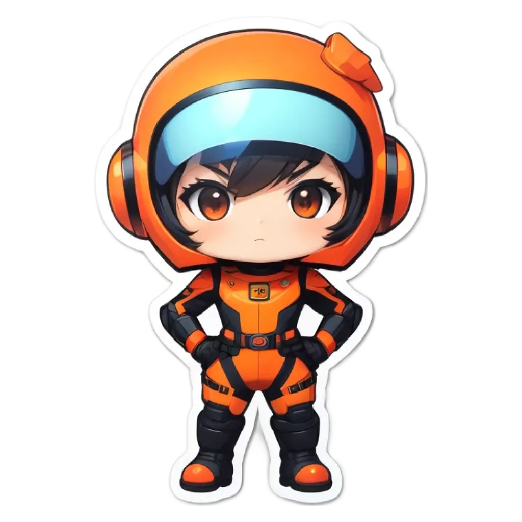 A girl in an orange spacesuit that is cut off.