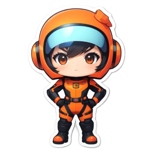 A girl in an orange spacesuit that is cut off.