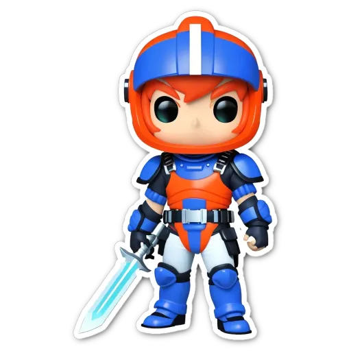 A sticker of a pop figure with a sword and blue and orange armor.