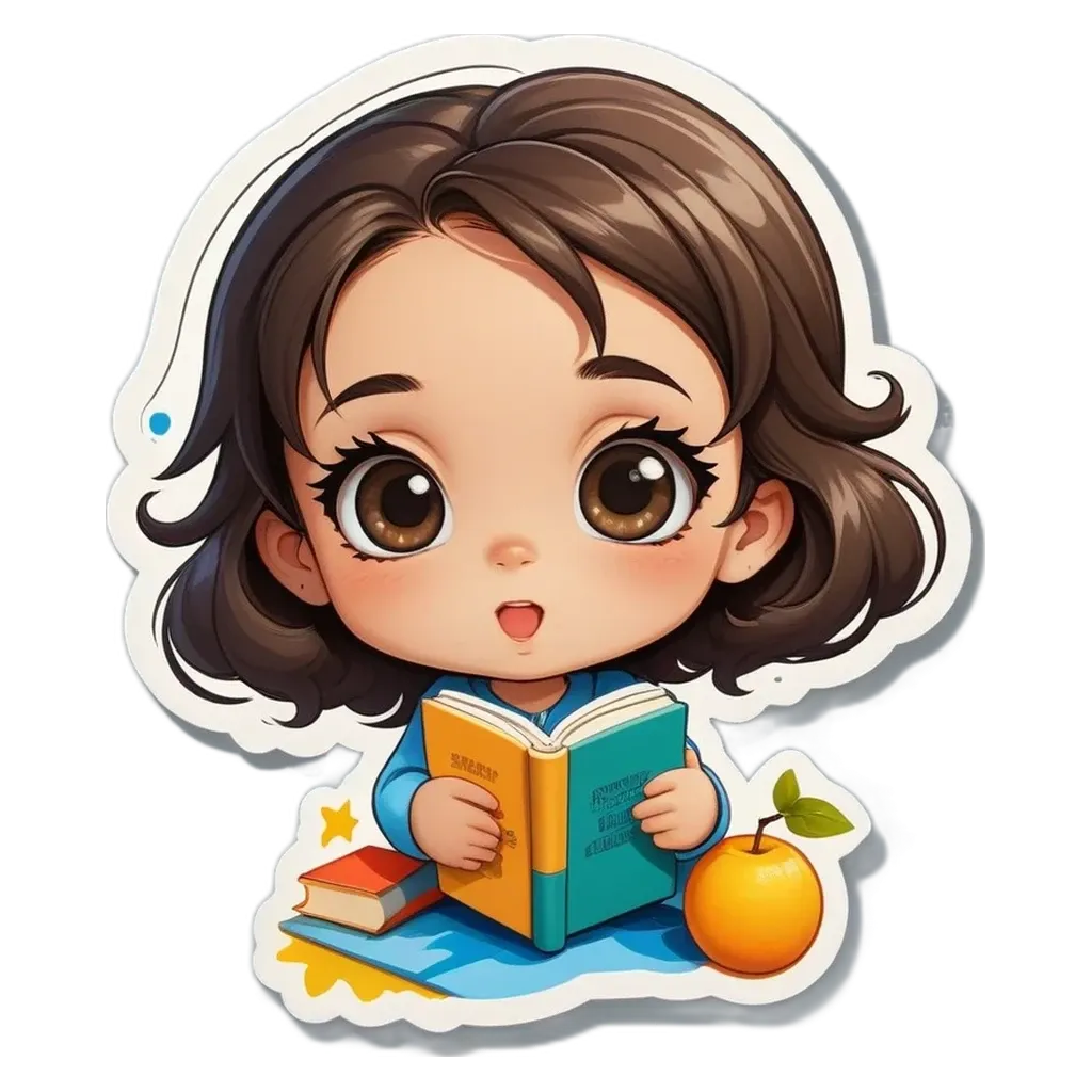 A girl reading a book with a sticker that has a girl on it.