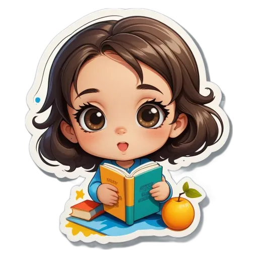 A girl reading a book with a sticker that has a girl on it.