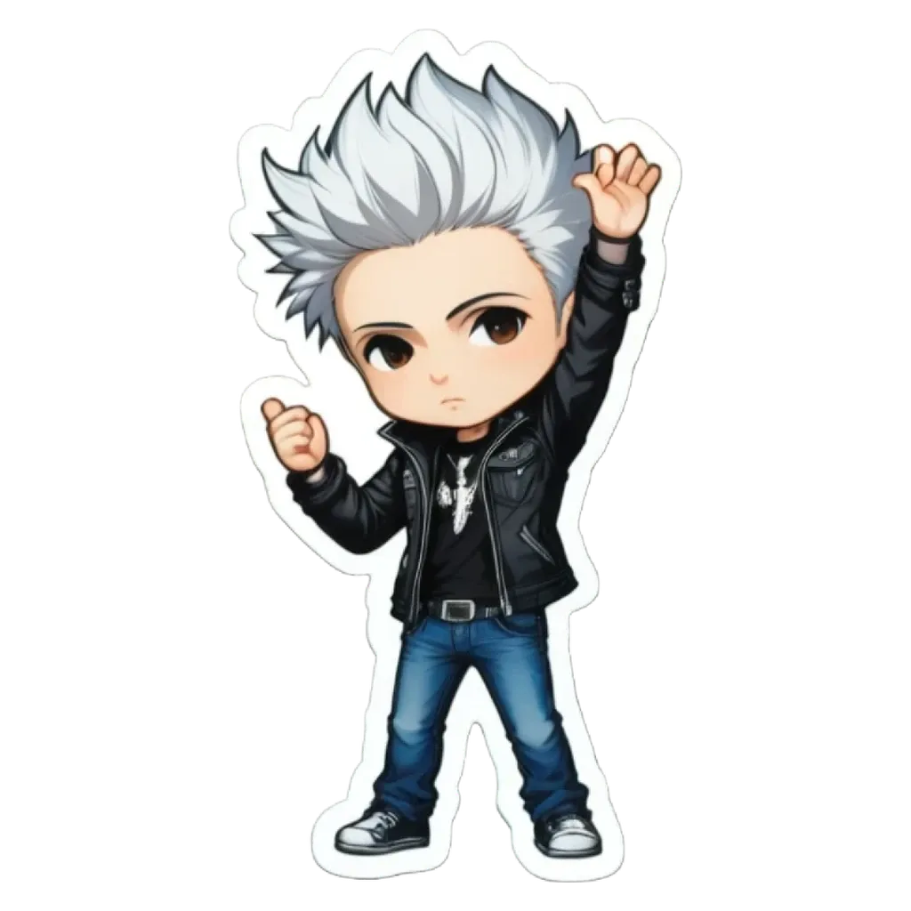 A boy with white hair and a black leather jacket holding his hand in the air.