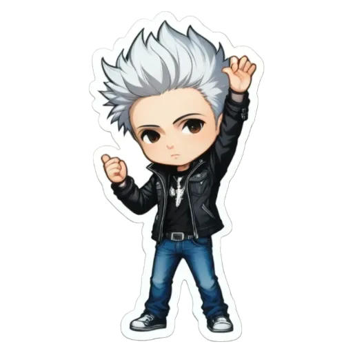 A boy with white hair and a black leather jacket holding his hand in the air.