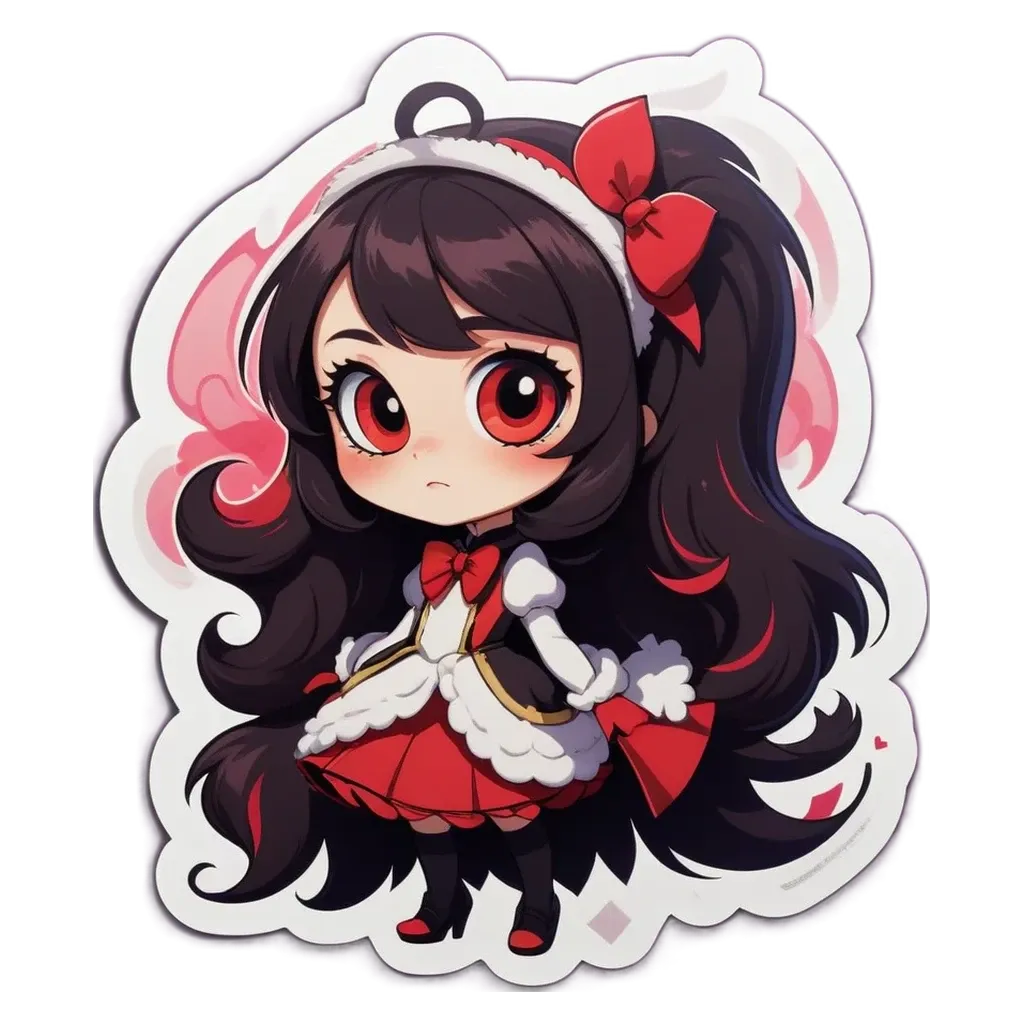 A girl wearing a white dress with a red bow on it.