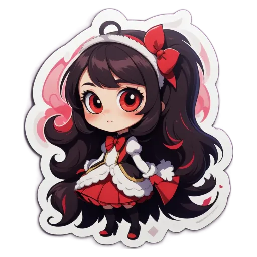 A girl wearing a white dress with a red bow on it.