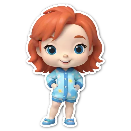 A small girl figure wearing pajamas with white and blue flowers printed on them.