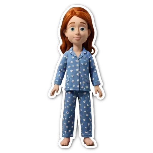 A sticker of a girl in pajamas that is blue.