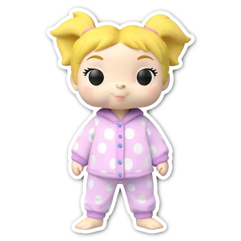 A small, cartoon like figure wearing pajamas is standing on a white background.
