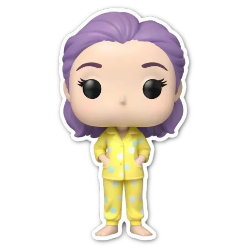 A purple and yellow figure wearing pajamas stands on a black background.