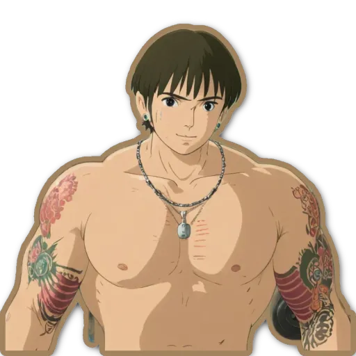 A man with a tattooed chest is wearing a necklace and no shirt.