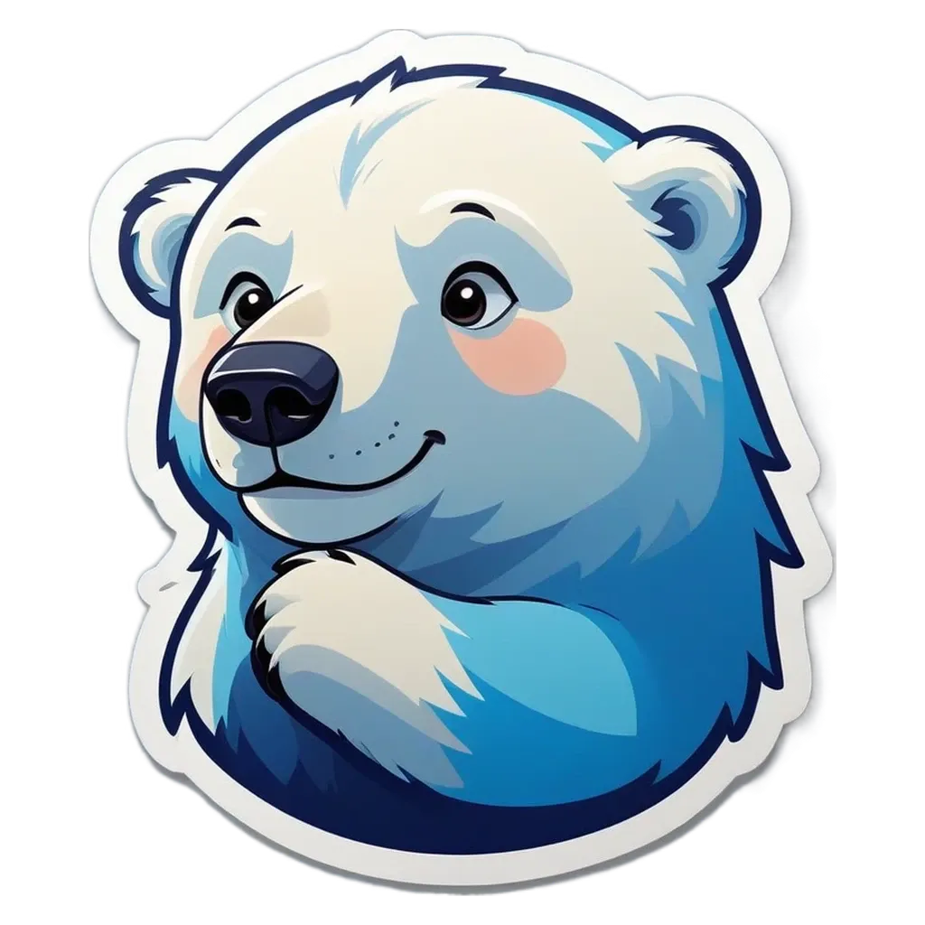 A polar bear with a blue nose and a black mouth.