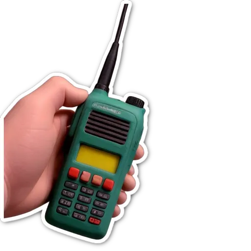A hand holding a walkie talkie that is green and black.