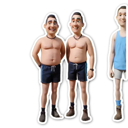Three men in plastic shorts and shirts that have been altered to be opposite gender.