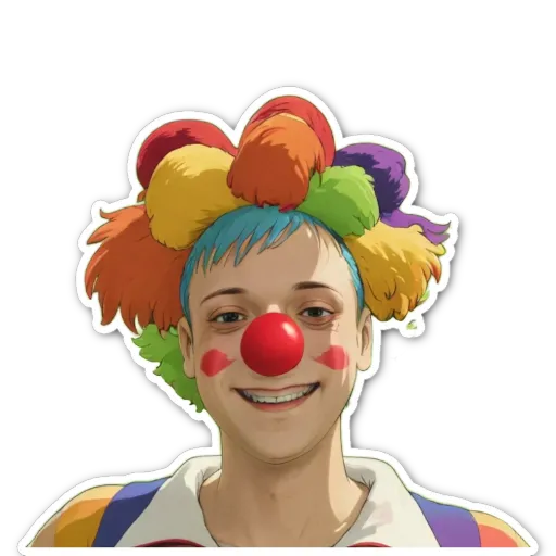 A boy with a clown wig and red nose.