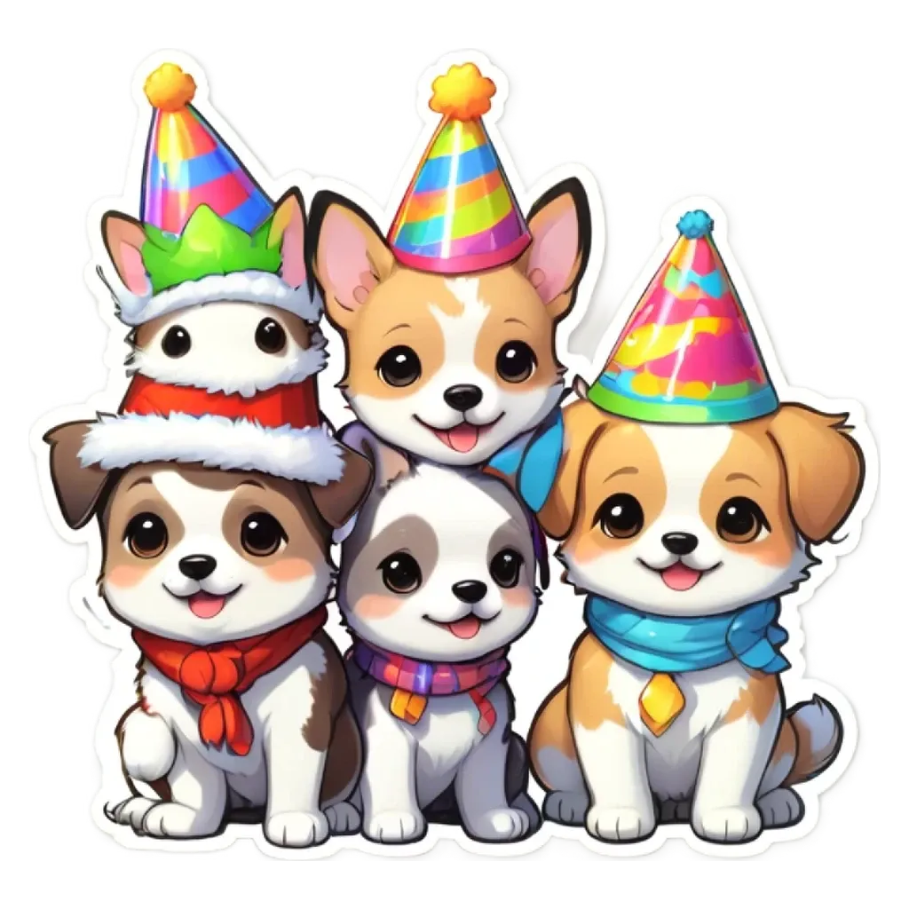 Four dogs in party hats are sitting in front of each other.