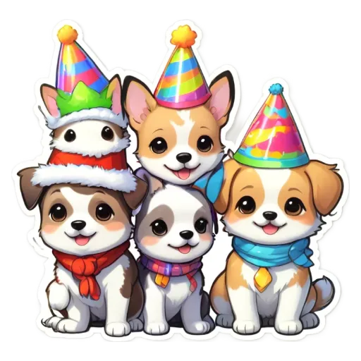 Four dogs in party hats are sitting in front of each other.
