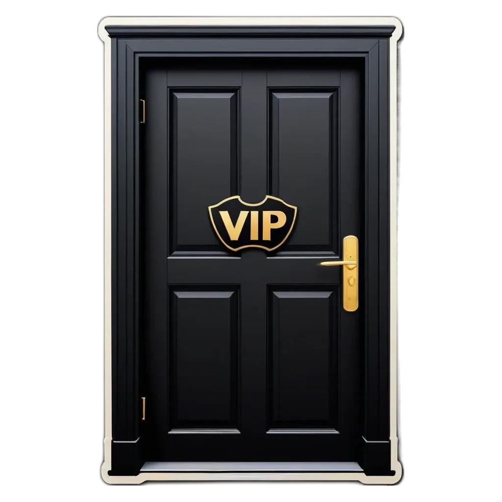 A black door with a gold Vip logo on it.