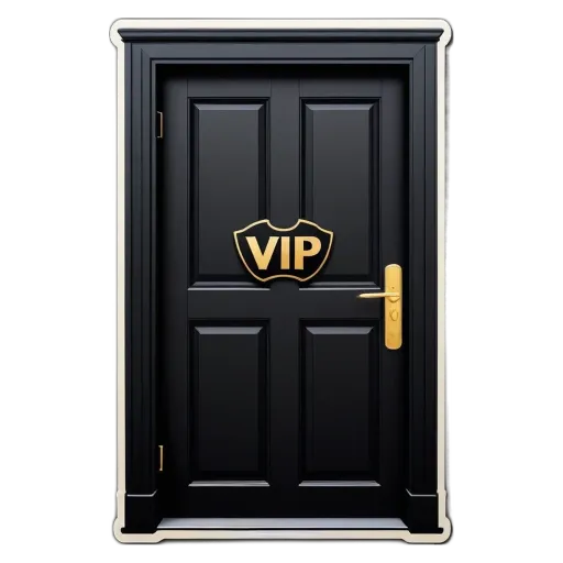 A black door with a gold Vip logo on it.
