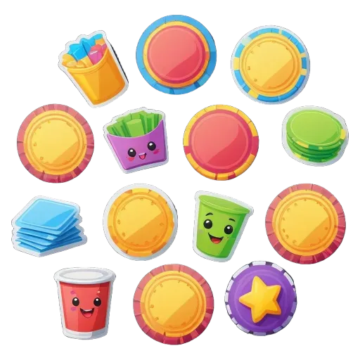 A collection of colorful stickers that are mostly pizza slices and cups.