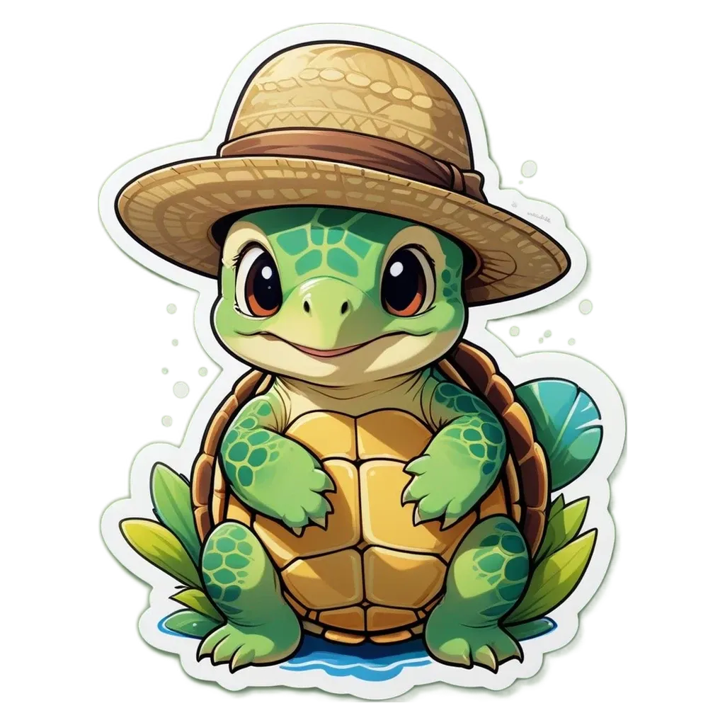 A cartoon turtle in a hat is sitting on a pond.